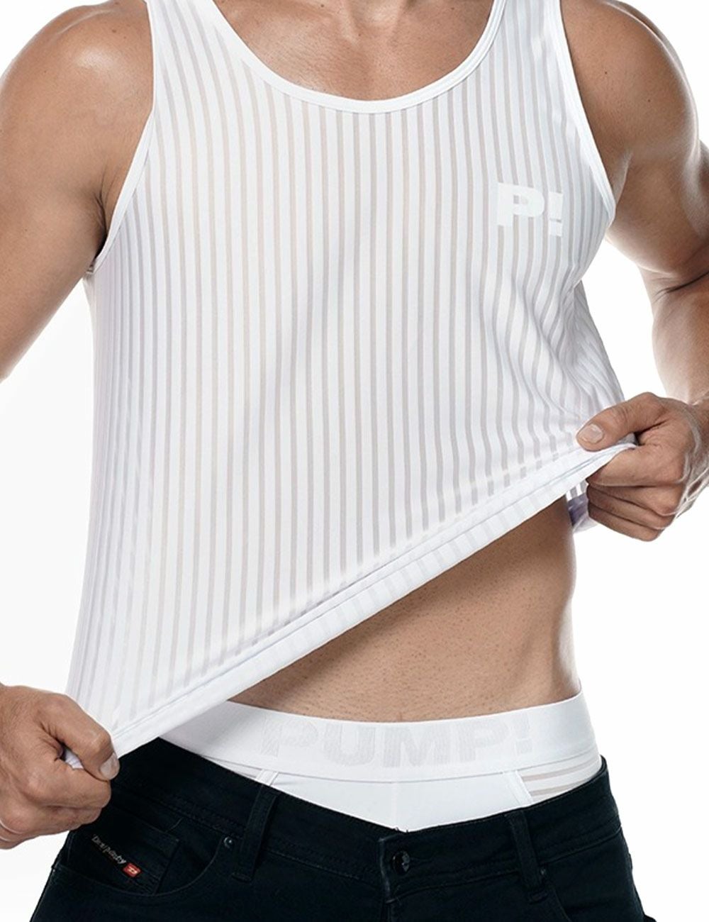 PUMP パンプ タンクトップ WHISPER TANK TOP（WHITE）シアストライプ PUMP! Underwear メンズ 男性下着